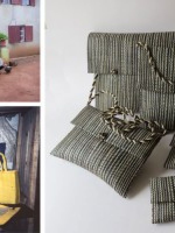 17. Hand-woven raffia for the manufacture of envelope bags. Picture right shows sets of envelope bags (5 parts), which have outside of hand-woven raffia. Upper photo left shows designers and artisans Mme Jeannine and M. Georges on the farm in whose house they have their studio. Lower photo left shows M. George in the studio. Click below for more info about the envelope bags and find them in the La Maison Afrique FAIR TRADE assortment.